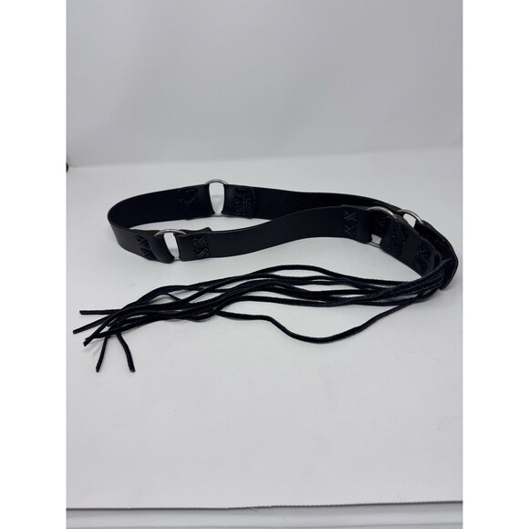 Lane Bryant Black Leather Belt Western Long Fringe Tie Metal Rings Country 22/28 - Picture 1 of 7